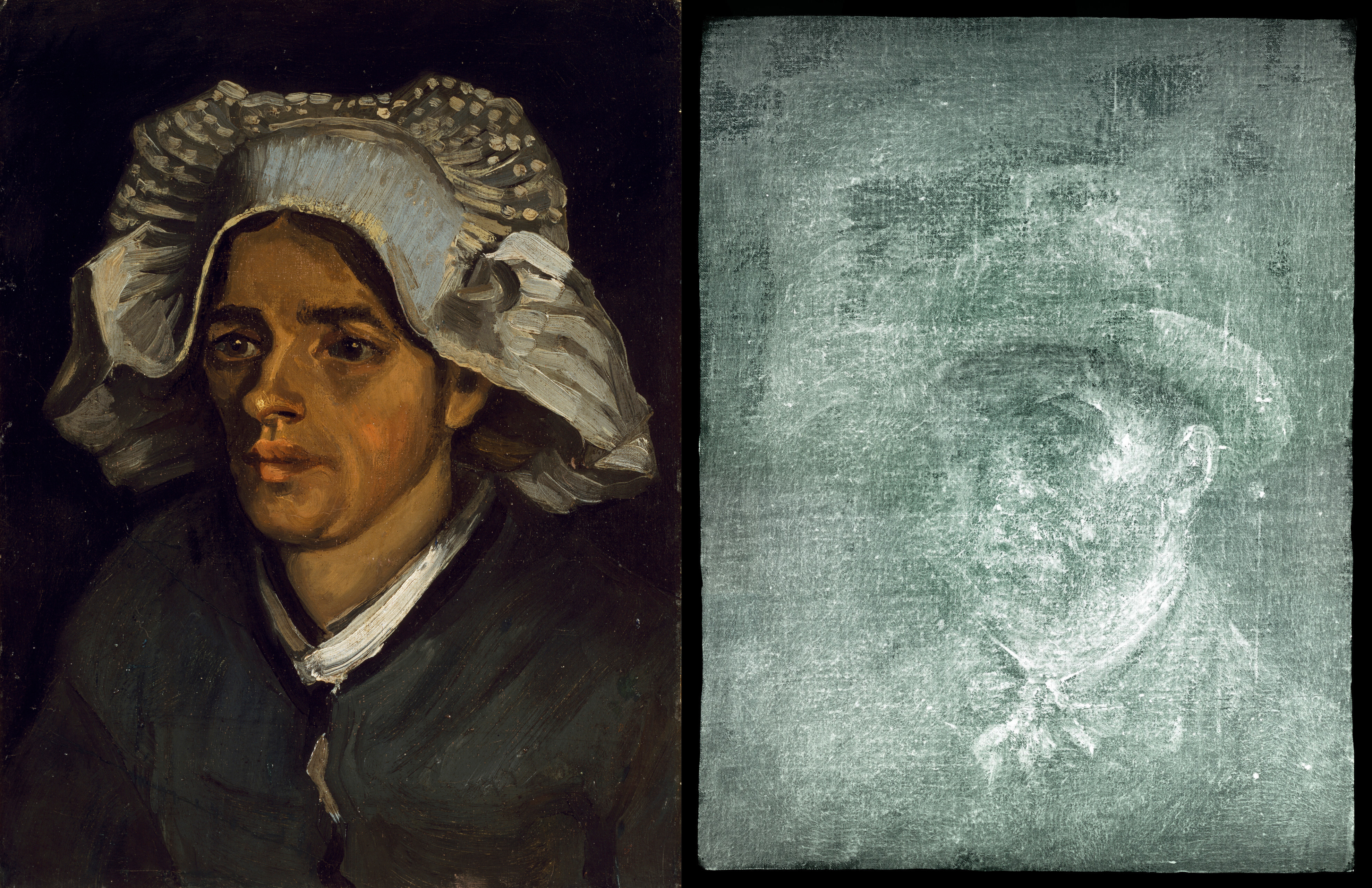 Left, Van Gogh’s ‘Head of a Peasant Woman,’ Right, the X-ray image of the newly rediscovered Van Gogh self-portrait that lies beneath it. Courtesy of the National Galleries of Scotland