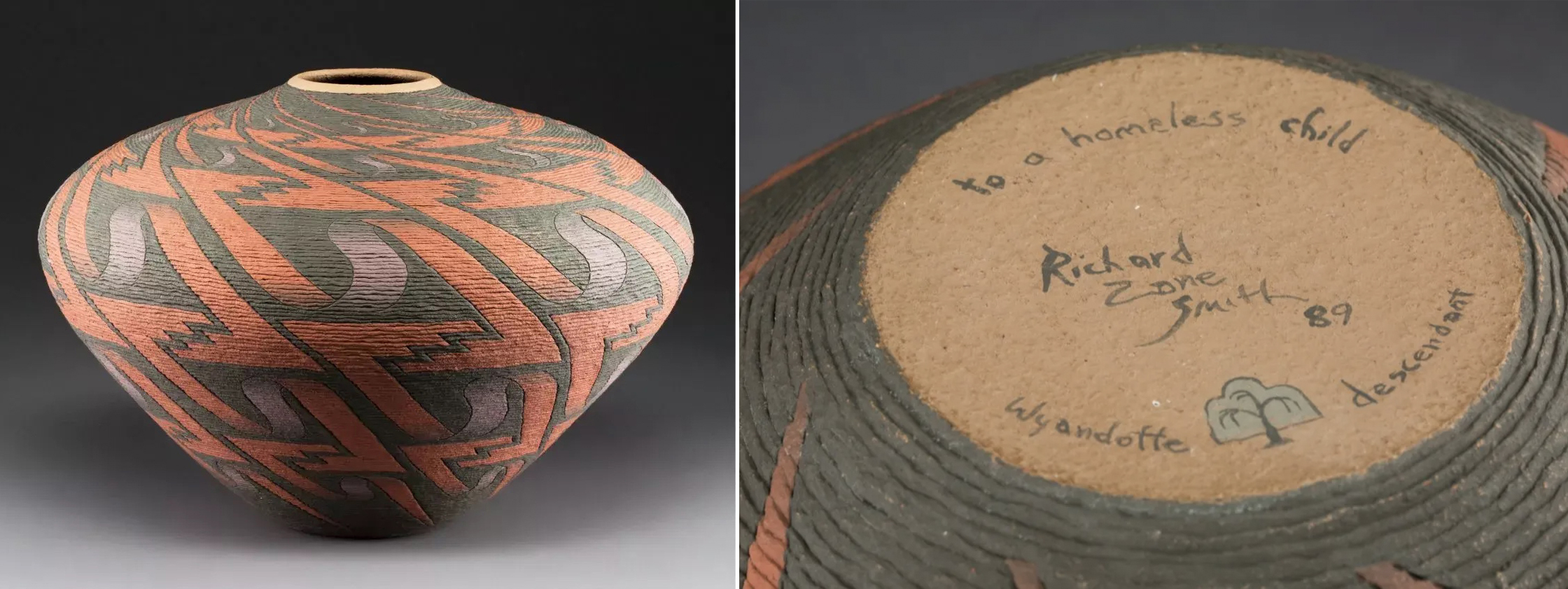 The base of this Richard Zane Smith polychrome jar features a powerful inscription in which the artist comments on social issues. The piece made $3,400 plus the buyer’s premium in June 2018. Image courtesy of Heritage Auctions and LiveAuctioneers.