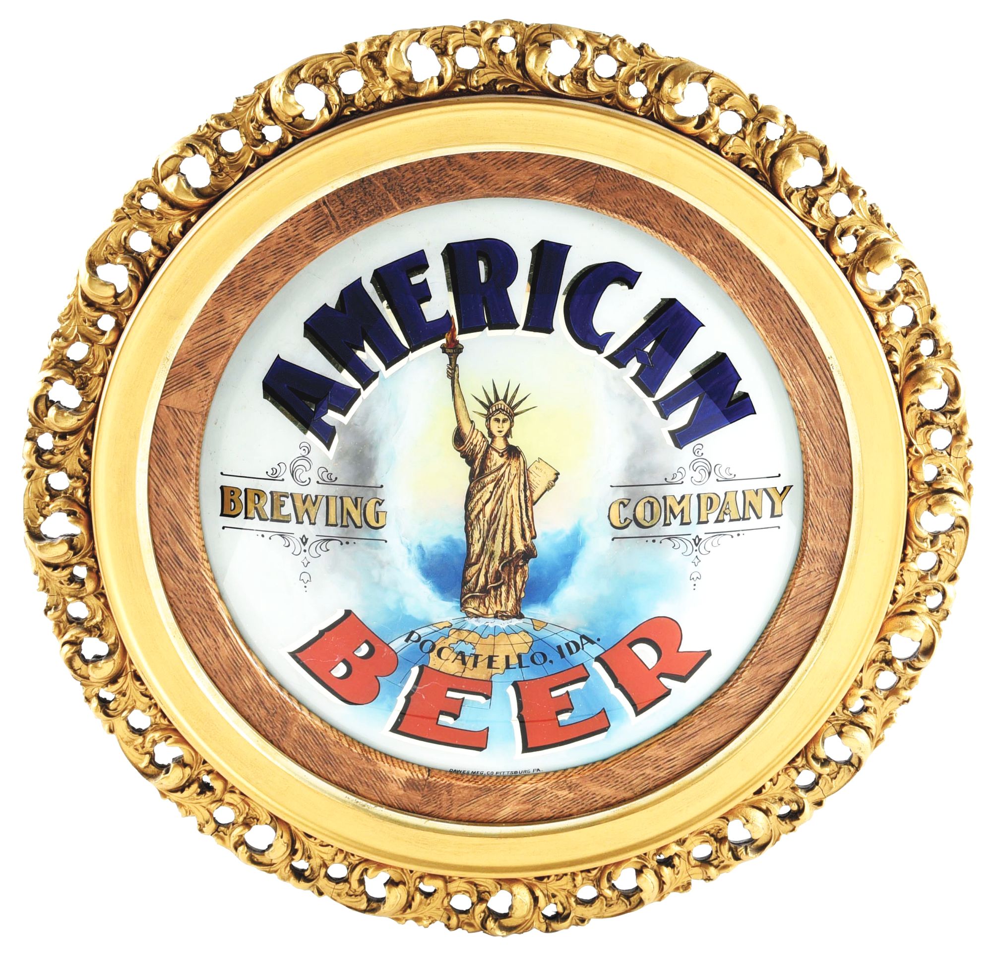 ‘AMERICAN BEER POCATELLO, IDA.,’ ornately framed, rounded glass advertising sign depicting Lady Liberty holding a torch and standing on top of the world. Stamped ‘DAWES MFG. CO PITTSBURG PA.’ Framed size: 26½in diameter. Excellent condition. Estimate $5,000-$10,000
