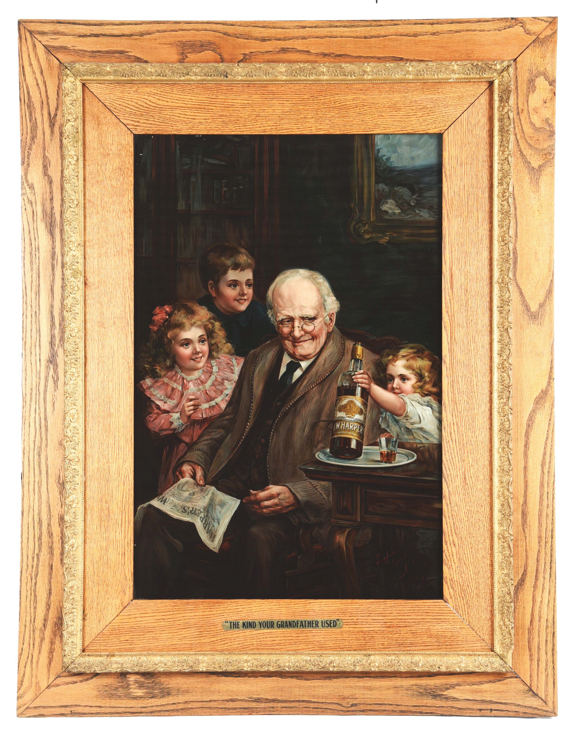 Classic J.W. Harper Whiskey framed advertising sign with slogan ‘THE KIND YOUR GRANDFATHER USED.’ Framed size: 52¾ x 40¾in. Investment-grade condition. Estimate $5,000-$15,000