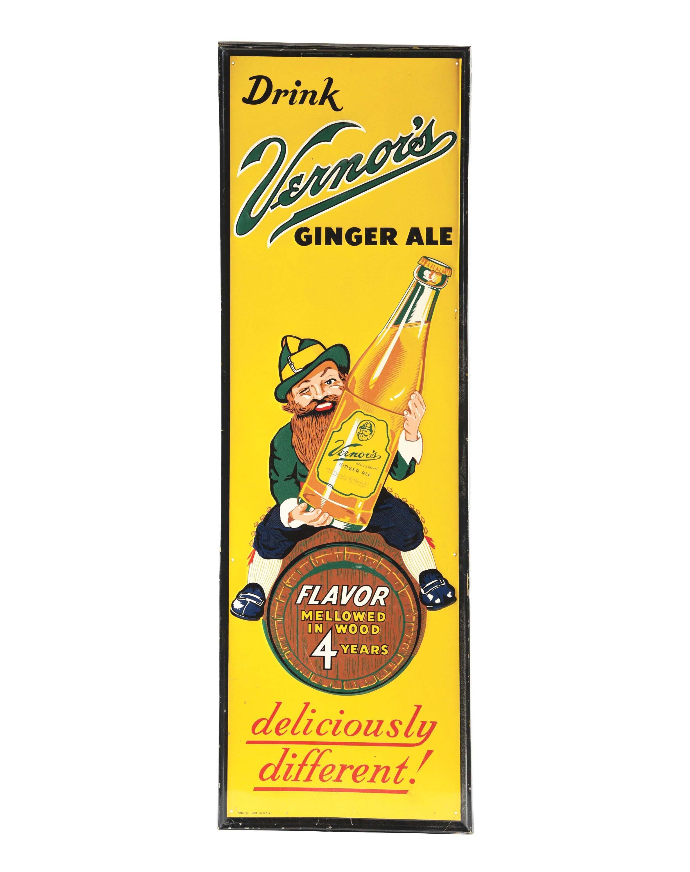 Self-framed embossed tin Vernor’s Ginger Ale sign with image of the company’s Mountie mascot. Size: 54½ x 17¾in. Condition 8.9. Estimate $3,500-$7,000