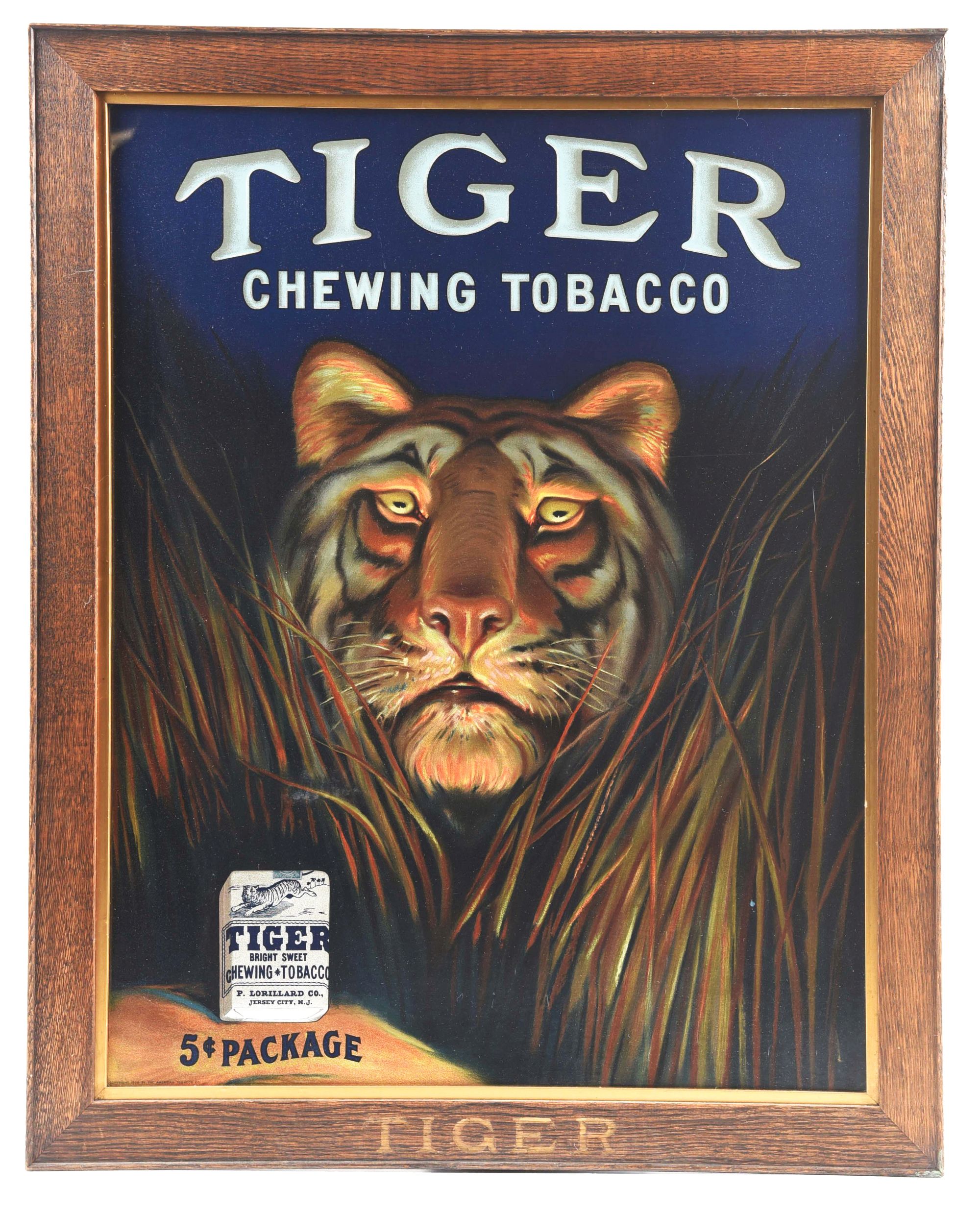  Tiger Chewing Tobacco framed advertising sign with 3D-like image of tiger peering through original wavy glass. Stamped ‘COPYRIGHT 1908 BY THE AMERICAN TOBACCO COMPANY’ in lower left-hand corner. Framed size: 32 x 26in. Near-mint condition. Estimate $4,000-$8,000