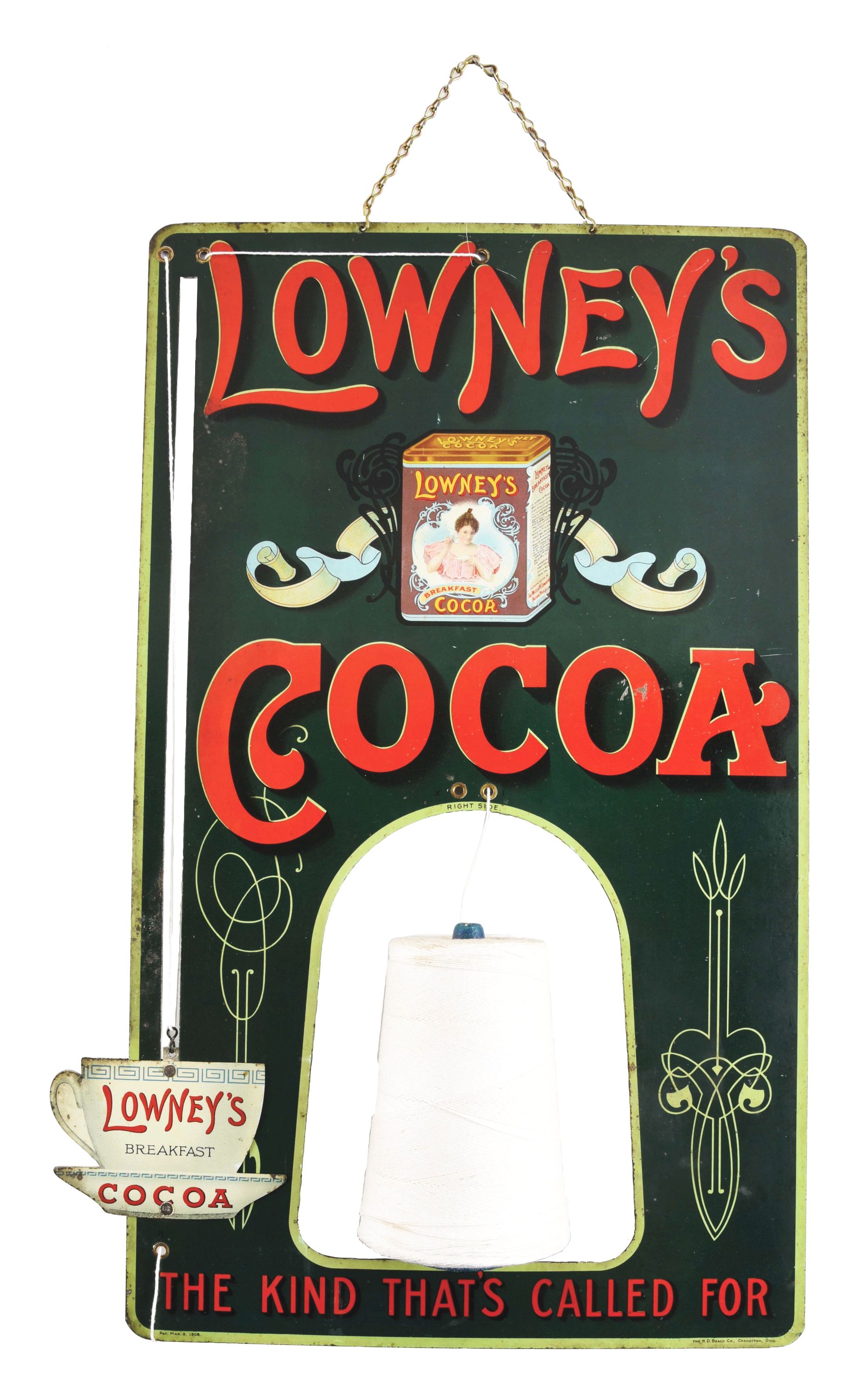 String holder advertising Lowney’s Breakfast Cocoa, patented March 8, 1908. When string is pulled, cocoa cup rises upward in vertical slot at left side of sign. Size 24 x 13¼in. Graded Good+ and very hard to find in this condition. Estimate $4,000-$7,000