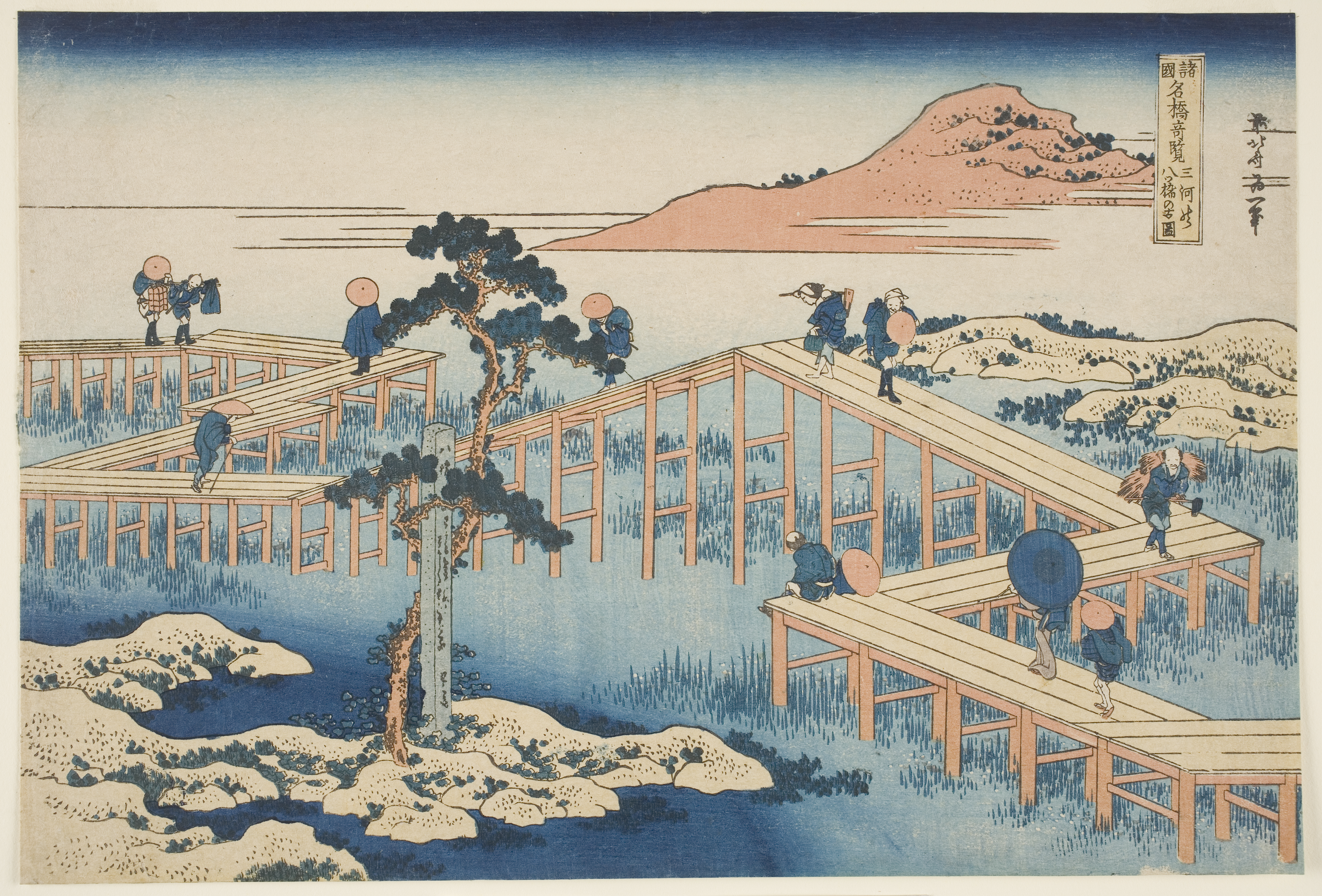Katsushika Hokusai, ‘Old View of the Eight-plank Bridge in Mikawa Province (Mikawa no Yatsuhashi no kozu),’ circa 1833-34. Woodblock print; ink and color on paper. John Chandler Bancroft Collection, 1901.755