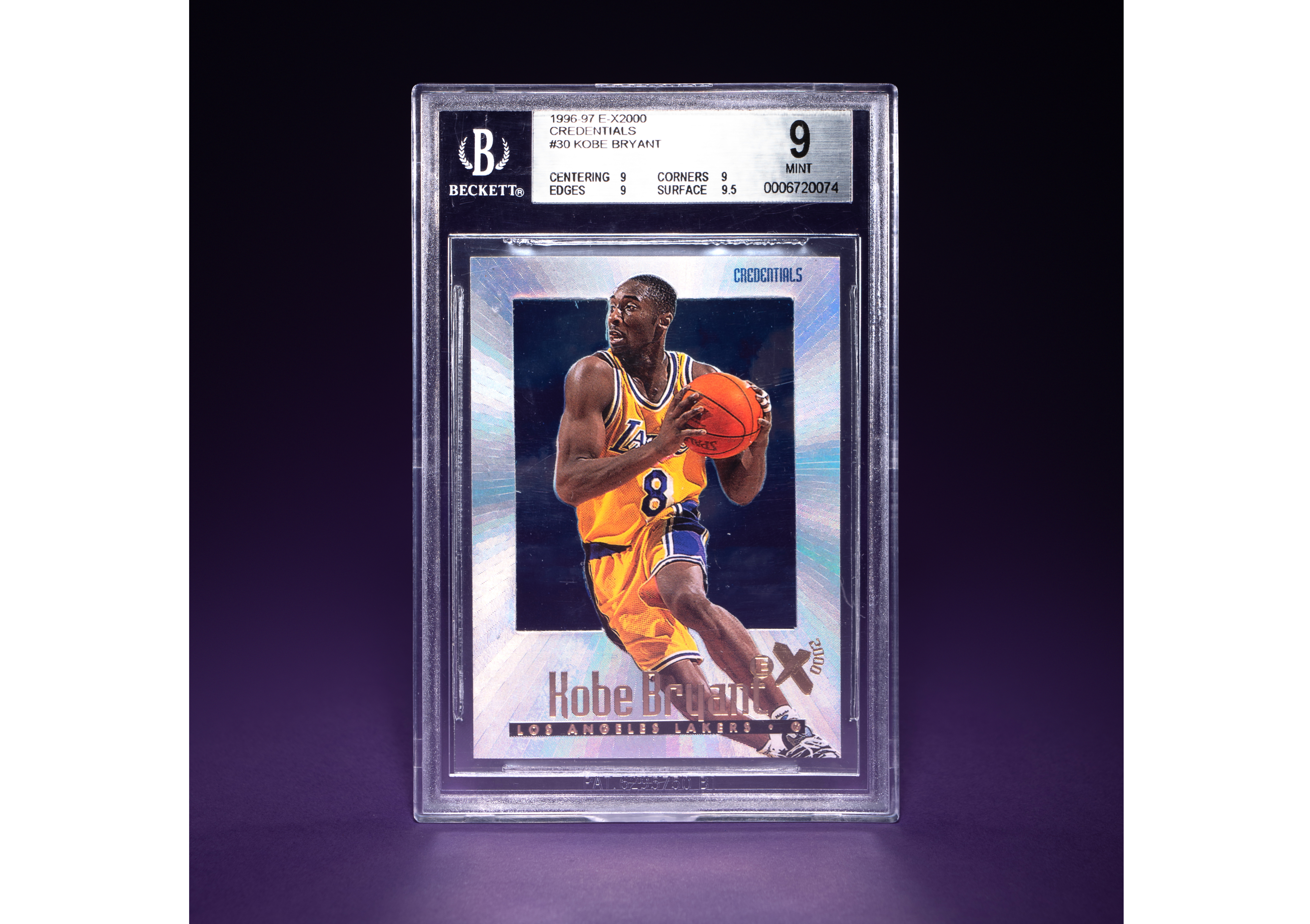 1996-97 Skybox E-X2000 Credentials Kobe Bryant rookie basketball card No. 30 (BGS 9 MINT), numbered 53 of 499, est. $15,000-$25,000