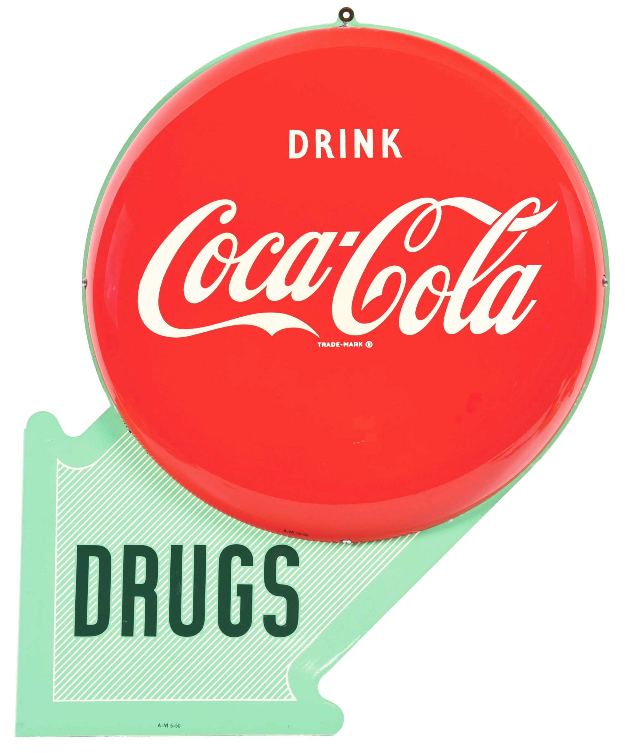 Coca-Cola ‘Drugs’ button flange sign. Size 23¼ x 17¾in. Condition 9.5; nicest example ever seen by Morphy’s experts. Estimate $4,000-$8,000