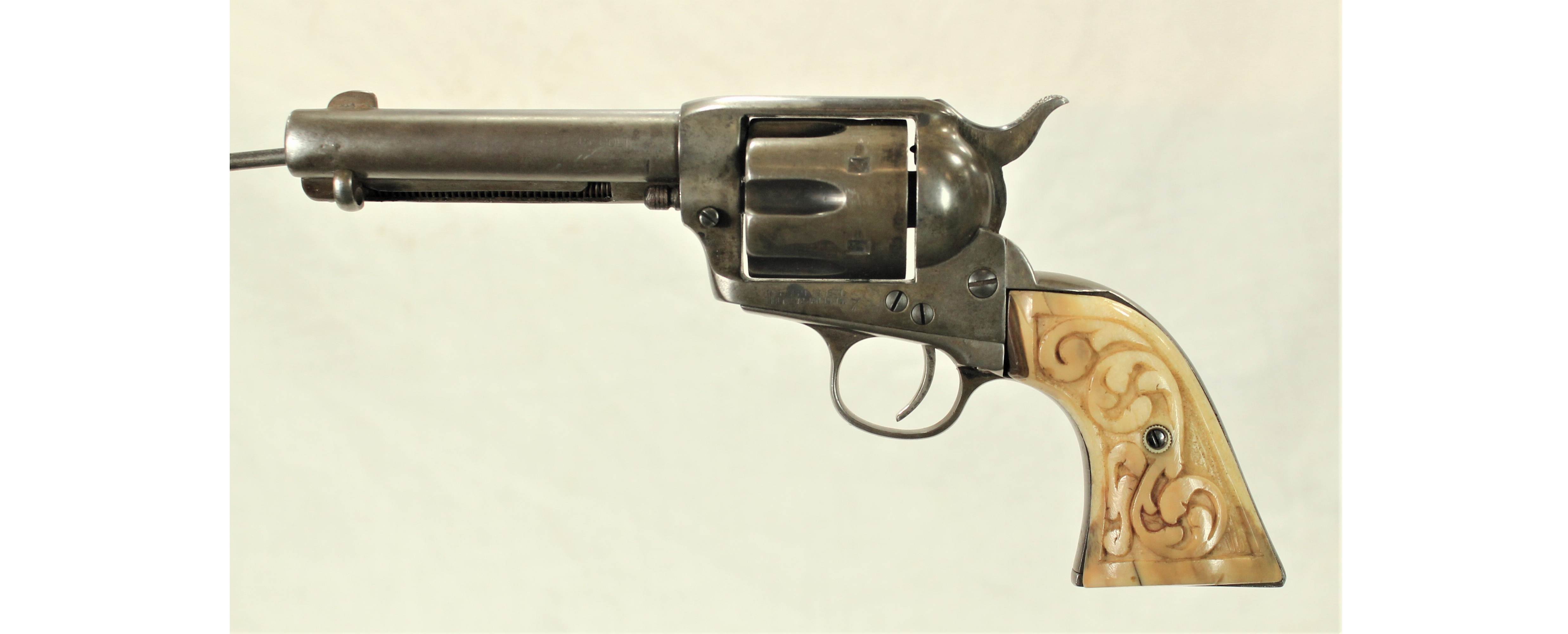101 Ranch (attrib.) Wild West Show Colt .45-caliber Single Action Army revolver. Two-piece carved-bone grips, marked ‘101’ on frame and ‘7’ on opposite side, est. $2,500-$5,500