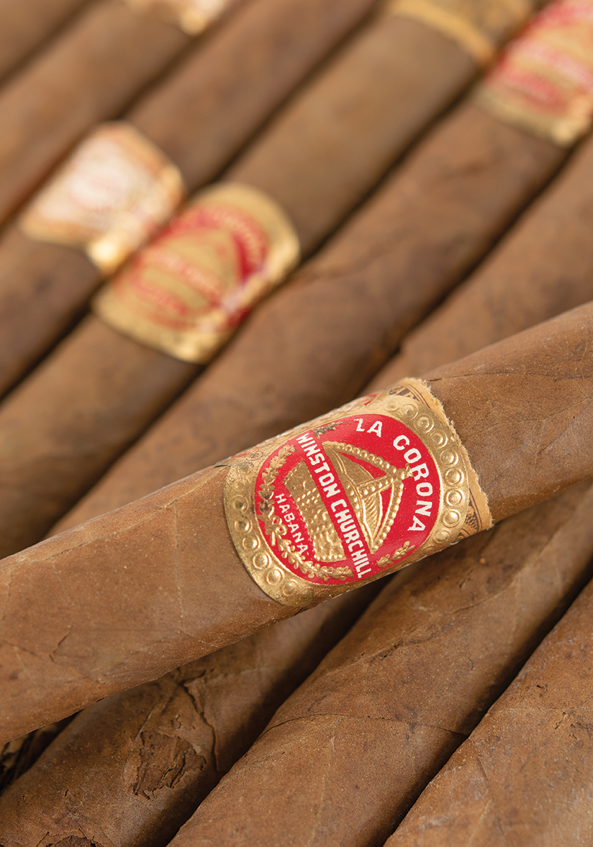 Detail shot of the band of one from a box of 10 of Winston Churchill’s personal La Corona cigars, $19,159