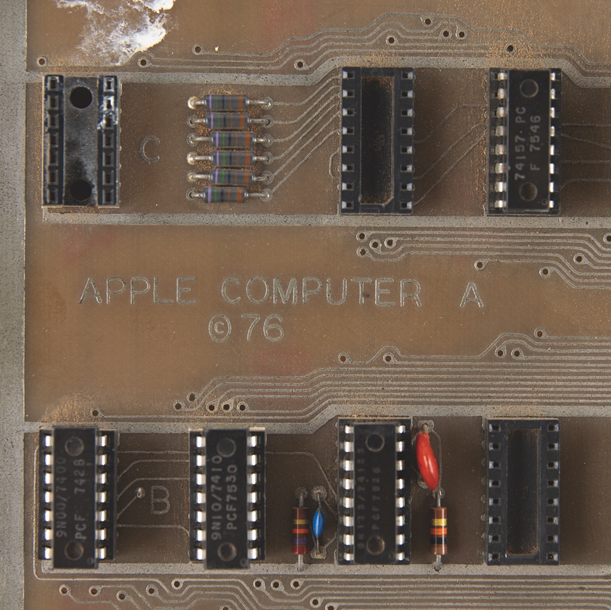 Detail shot of Steve Jobs’s Apple-1 computer prototype, $677,196