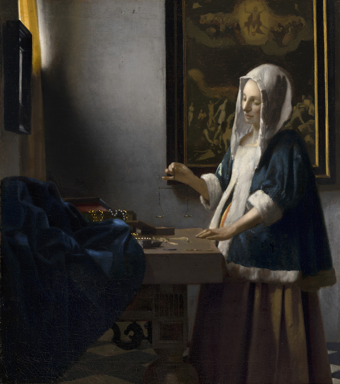  Johannes Vermeer, ‘Woman Holding a Balance,’ circa 1664. Oil on canvas. Painted surface: 39.7 by 35.5cm (15 5/8 by 14in); stretcher size 42.5 by 38 cm (16 ¾ by 14 15/16in); framed, 62.9 by 58.4 by 7.6cm (24 ¾ by 23 by 3in). National Gallery of Art, Washington, Widener Collection