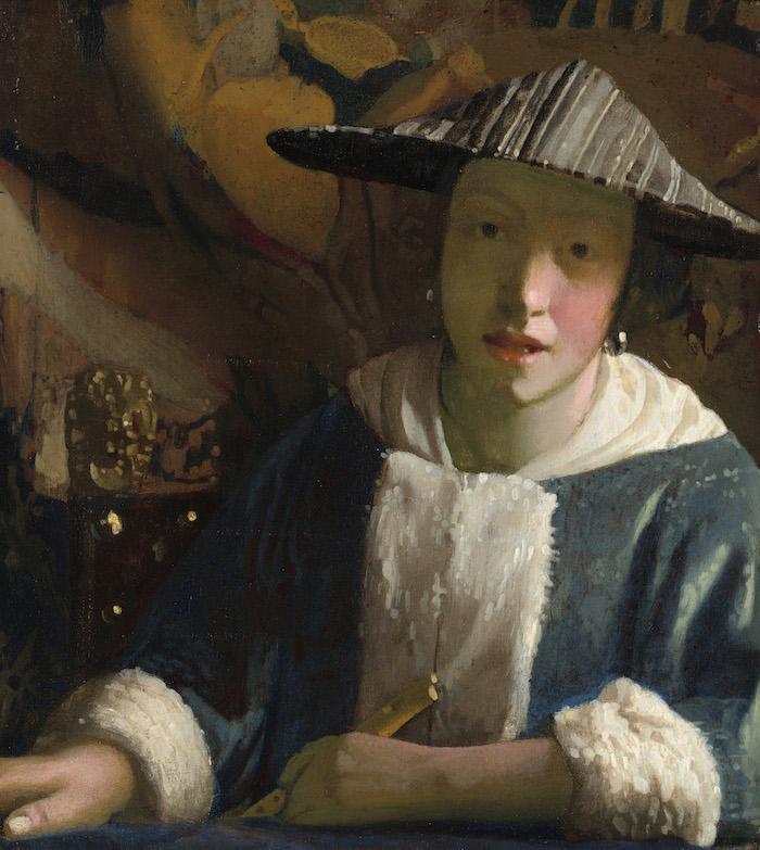 Attributed to Johannes Vermeer, ‘Girl with a Flute,’ probably 1665-1675. Oil on panel. Painted surface 20 by 17.8cm (7 7/8 by 7in); framed, 39.7 by 37.5 by 5.1cm (15 5/8 by 14 ¾ by 2in). National Gallery of Art, Washington, Widener Collection