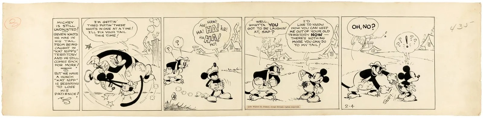 This original daily Mickey Mouse strip art for February 4, 1931, featuring pencil work by Floyd Gottfredson, achieved $52,313 plus the buyer’s premium in February 2021. Titled ‘A Sharp Retort’ on the back, the strip shocked many readers when Kat Nipp cut off Mickey’s tail. Image courtesy of Hake’s Auctions and LiveAuctioneers.
