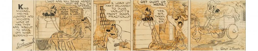 A Floyd Gottfredson Mickey Mouse daily comic strip, syndicated by King Features and dated January 4, 1938, realized $11,000 plus the buyer’s premium in April 2021. Image courtesy of Heritage Auctions and LiveAuctioneers.