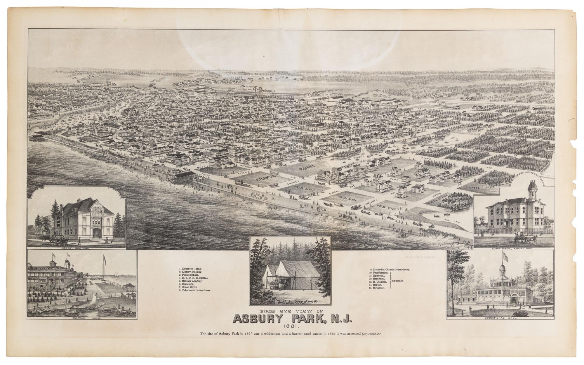 Lithographed 1881 birds-eye view of Asbury Park, New Jersey, the birthplace of Bruce Springsteen, est. $2,000-$3,000