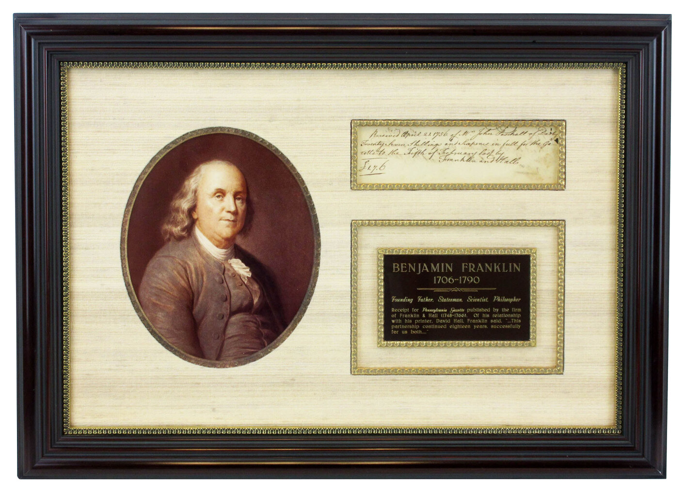 Benjamin Franklin engrossed and signed receipt from 1756 for his Pennsylvania Gazette newspaper, est. $9,000-$10,000