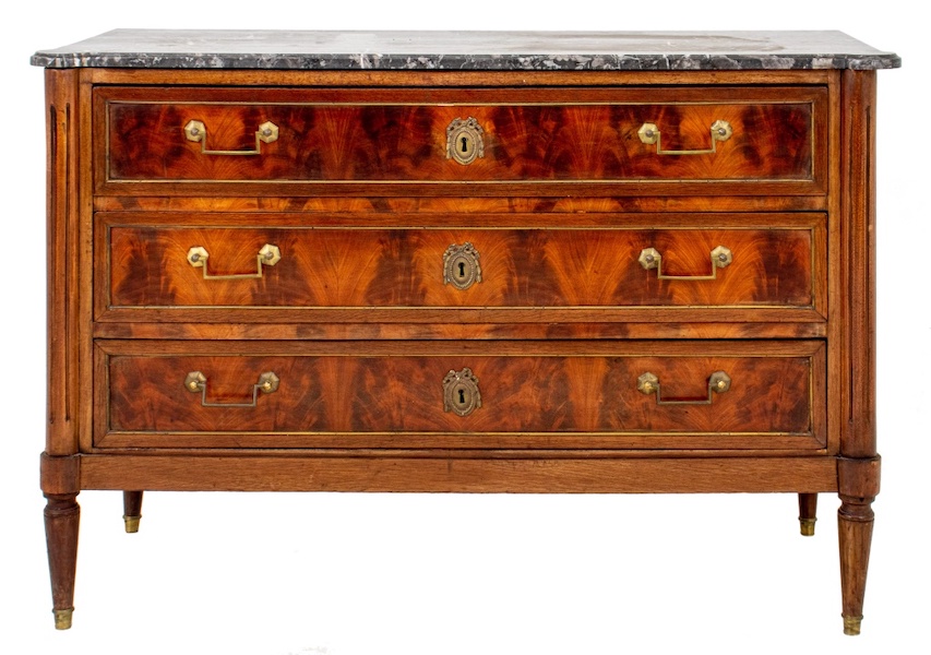 One of two Directoire brass-mounted mahogany commodes, est. $1,500-$2,500
