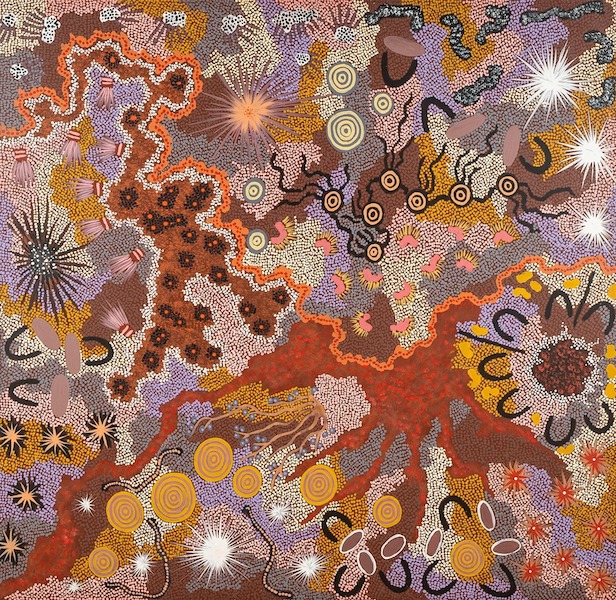 Taught how to paint by her father, Clifford Possum Tjapaltjarri, when she was very young, Gabriella Possum Nungurrayi has become a well-known painter in her own right. Her painting on canvas ‘Hunting for Food’ earned $2,500 plus the buyer’s premium in July 2022. Image courtesy of Abell Auction and LiveAuctioneers.