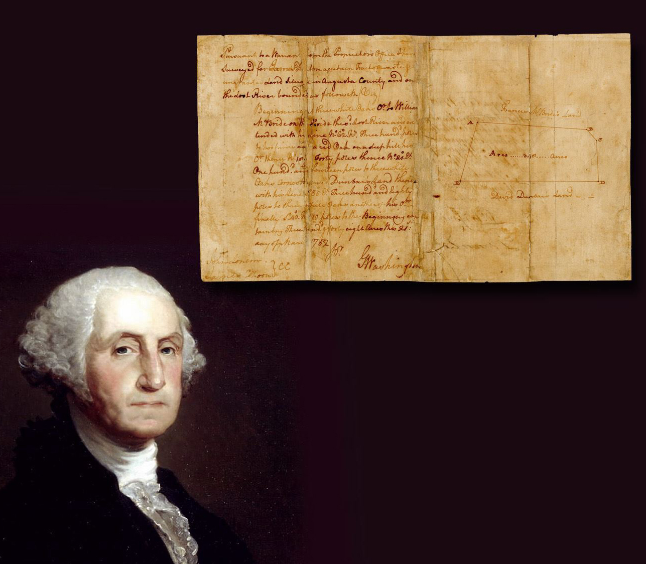 George Washington-signed 1752 survey of a 346-acre tract in Augusta County, Virginia, one of the earliest documents with his signature, est. $20,000-$24,000