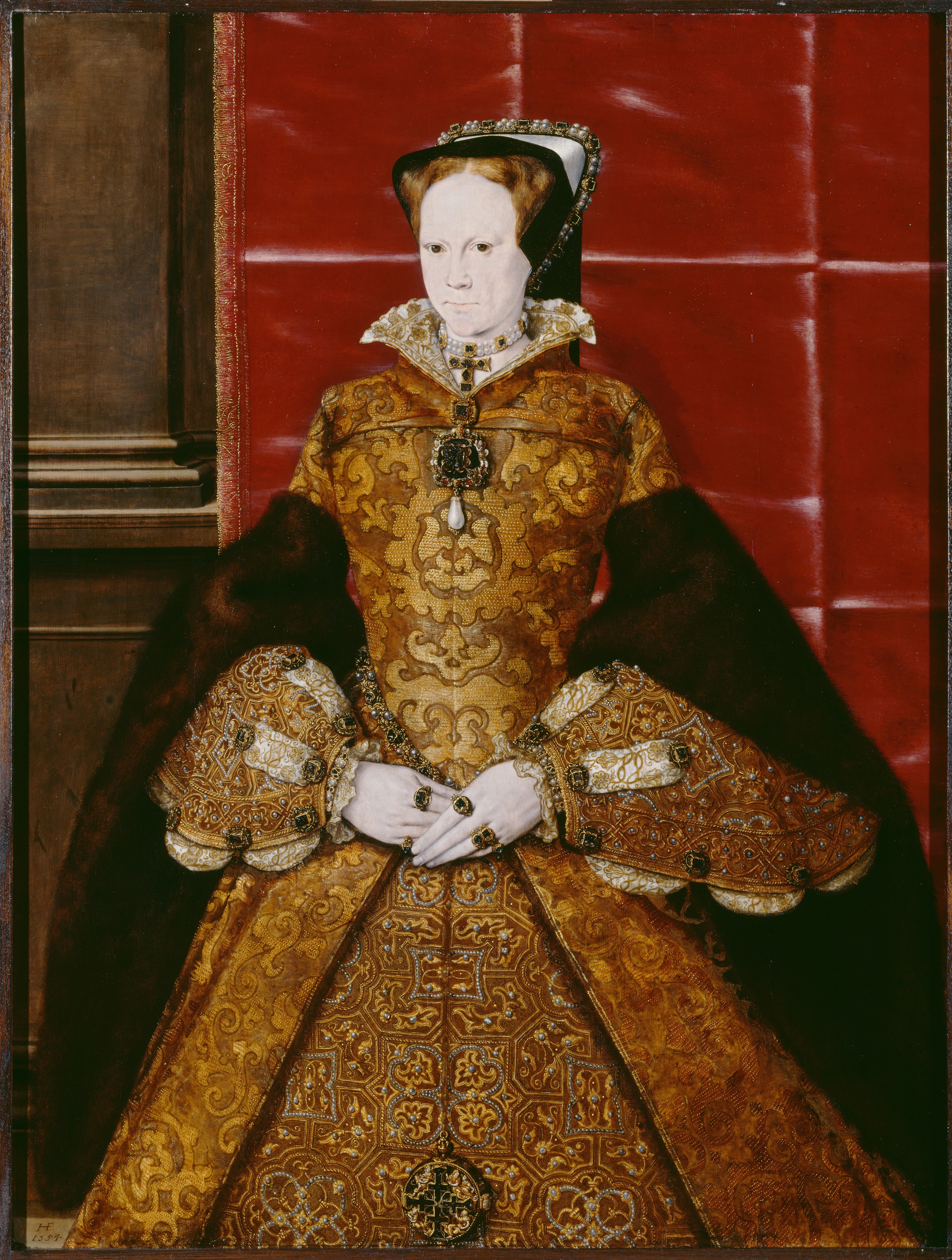Hans Eworth (Flemish, circa 1525–after 1578) ‘Mary I,’ 1554. Oil on wood, 41 by 30 3/4in. (104 by 78cm). Society of Antiquaries of London. Image © The Society of Antiquaries of London 