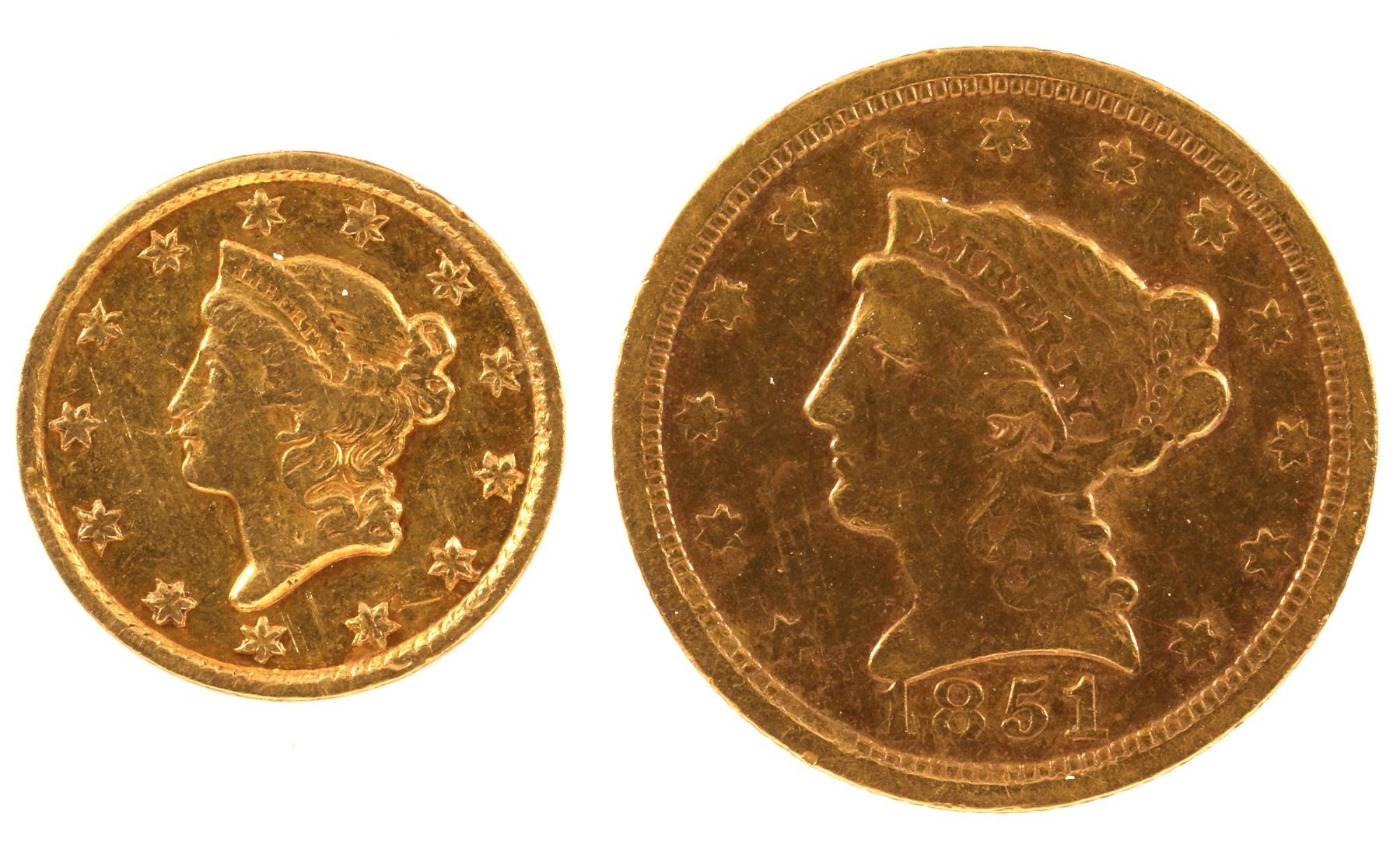 Two gold coins from the U.S. Mint in Charlotte, N.C., offered together: an 1850-C $1 gold coin graded VF-EF condition, and an 1851-C $2 ½ gold coin, graded F-VF, $3,374