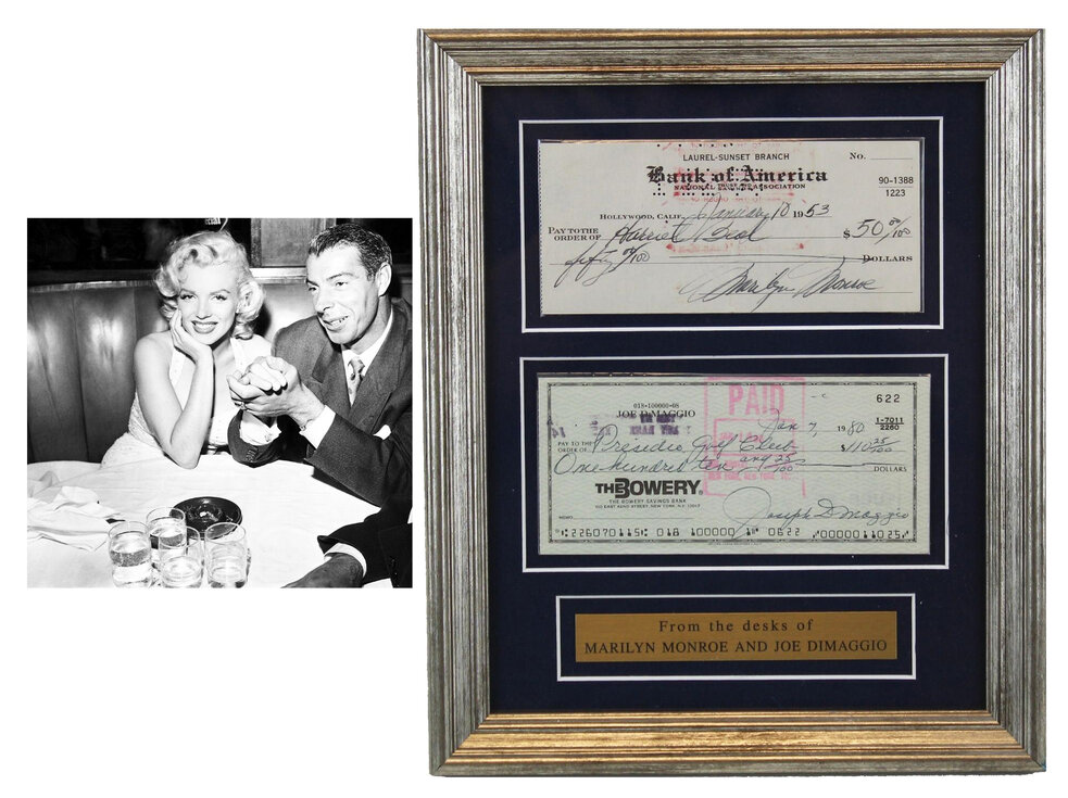 Two checks – one signed by Marilyn Monroe in 1953, the other signed by Joe DiMaggio in 1980, est. $4,000-$5,000