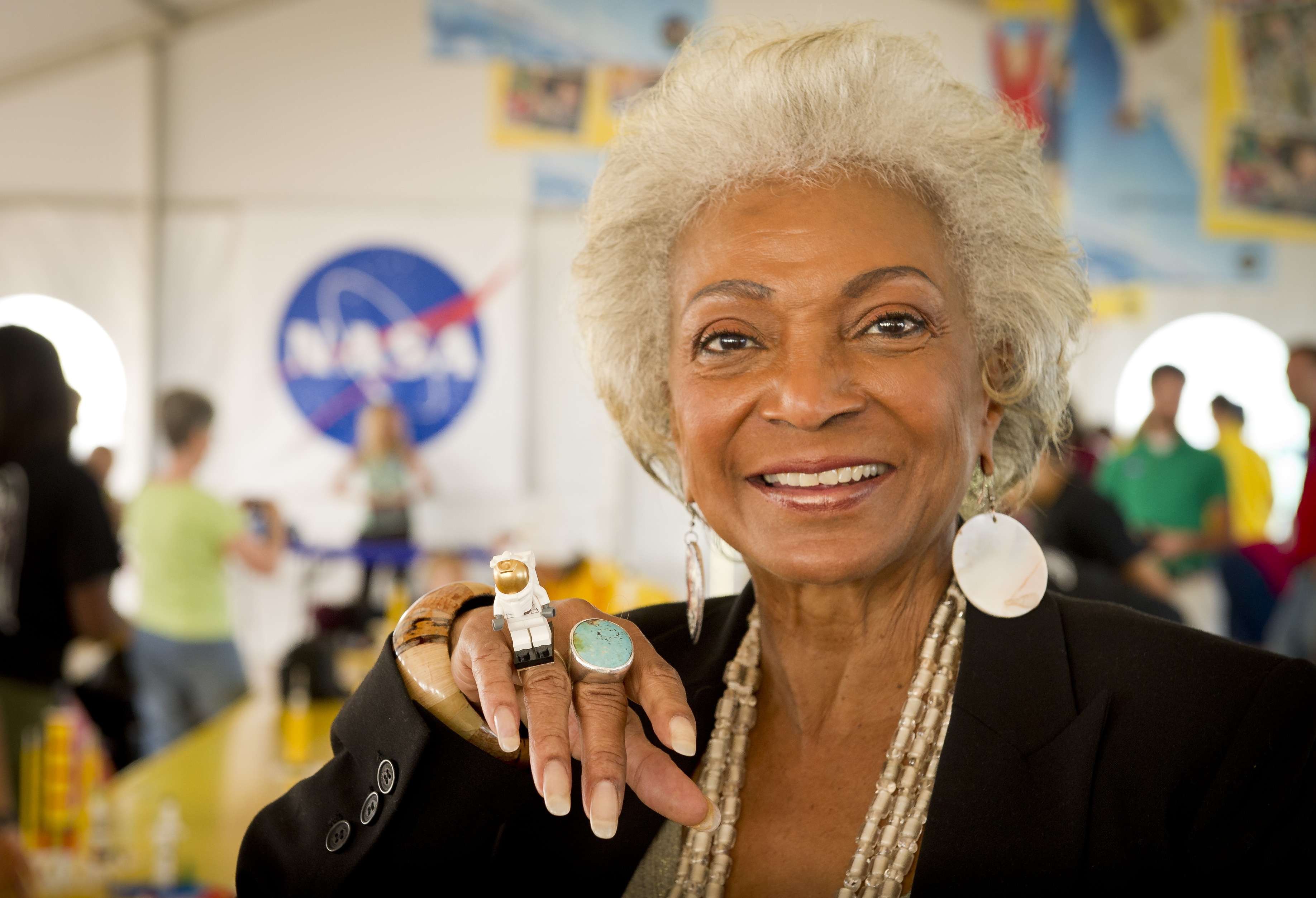 Nichelle Nichols’s role as communications officer Lieutenant Uhura on ‘Star Trek’ led to a long relationship with NASA as a recruiter and booster. In this November 2010 photo, she sports a Lego astronaut ring at NASA’s Kennedy Space Center in Cape Canaveral, Florida. Image courtesy of Wikimedia Commons, photo credit NASA/Bill Ingalls. This image is in the public domain in the United States because it was solely created by NASA.