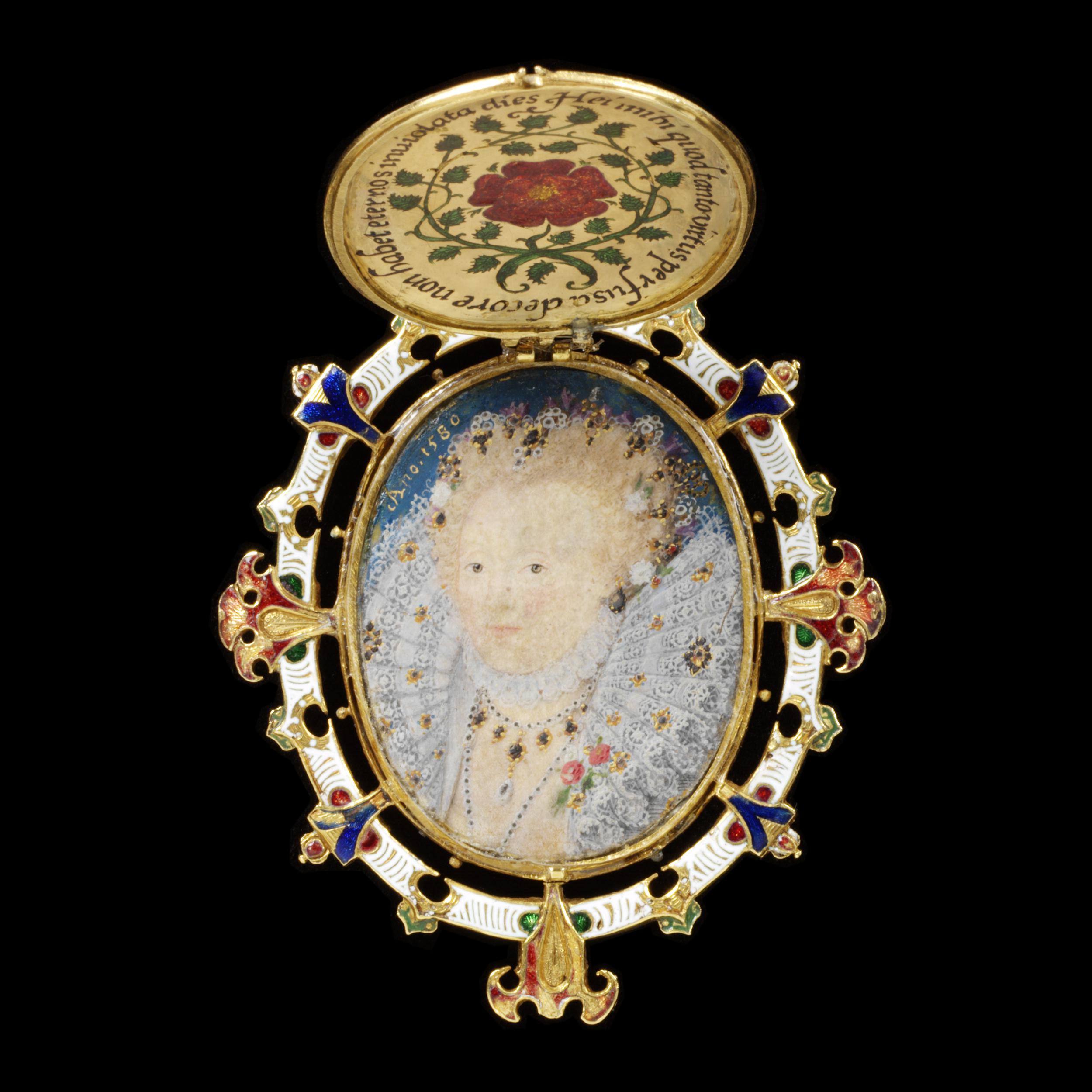 Nicholas Hilliard (British, Exeter circa 1547–1619 London), ‘Heneage (or Armada) Jewel,’ circa 1595–1600. Enameled gold, table-cut diamonds, Burmese rubies, rock crystal and a miniature on vellum. 2 3/4 by 2in. (7 by 5.1cm). Victoria and Albert Museum. Image © Victoria and Albert Museum, London