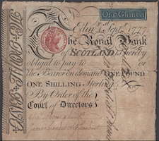 Tri-color 18th-century Scottish banknote at Noonans, Aug. 24-25