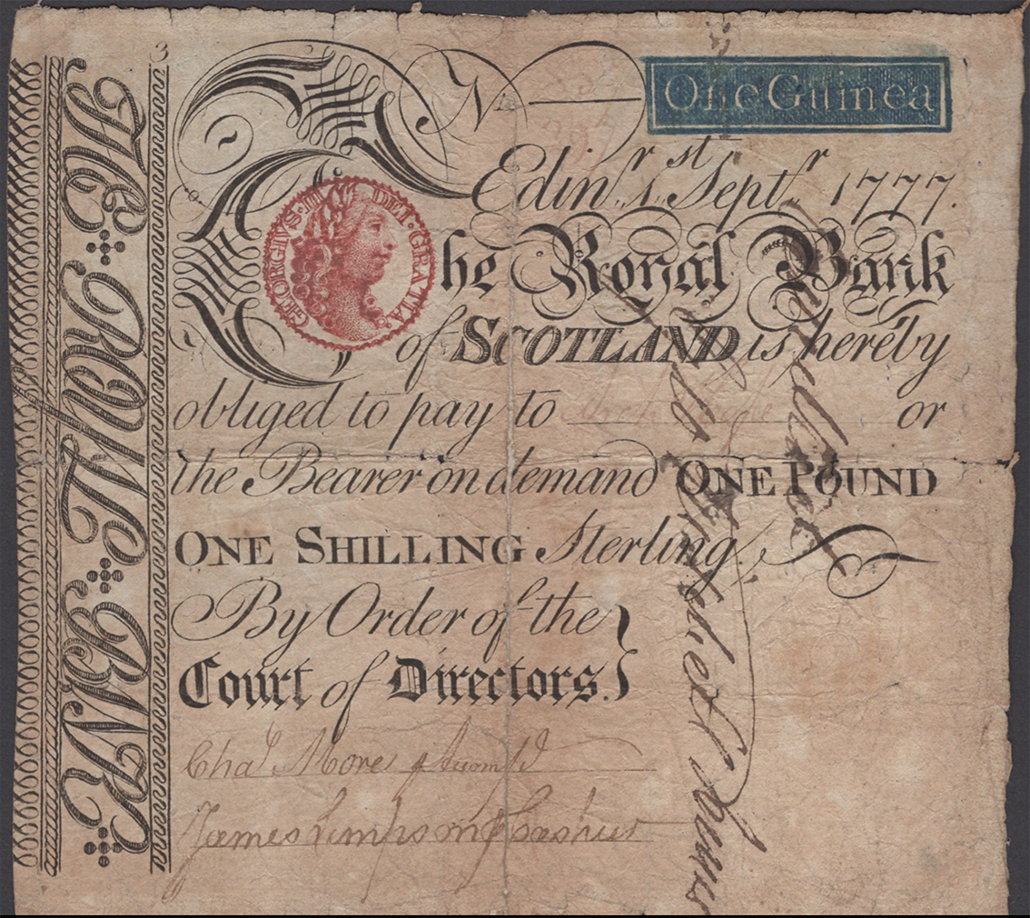  Royal Bank of Scotland One Guinea banknote from 1777, aka the Red Guinea, est. £1,500-£2,000 ($1,800-$2,400)