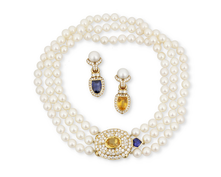 Set of Italian yellow sapphire, blue sapphire, diamond and cultured pearl jewelry, est $12,000-$15,000