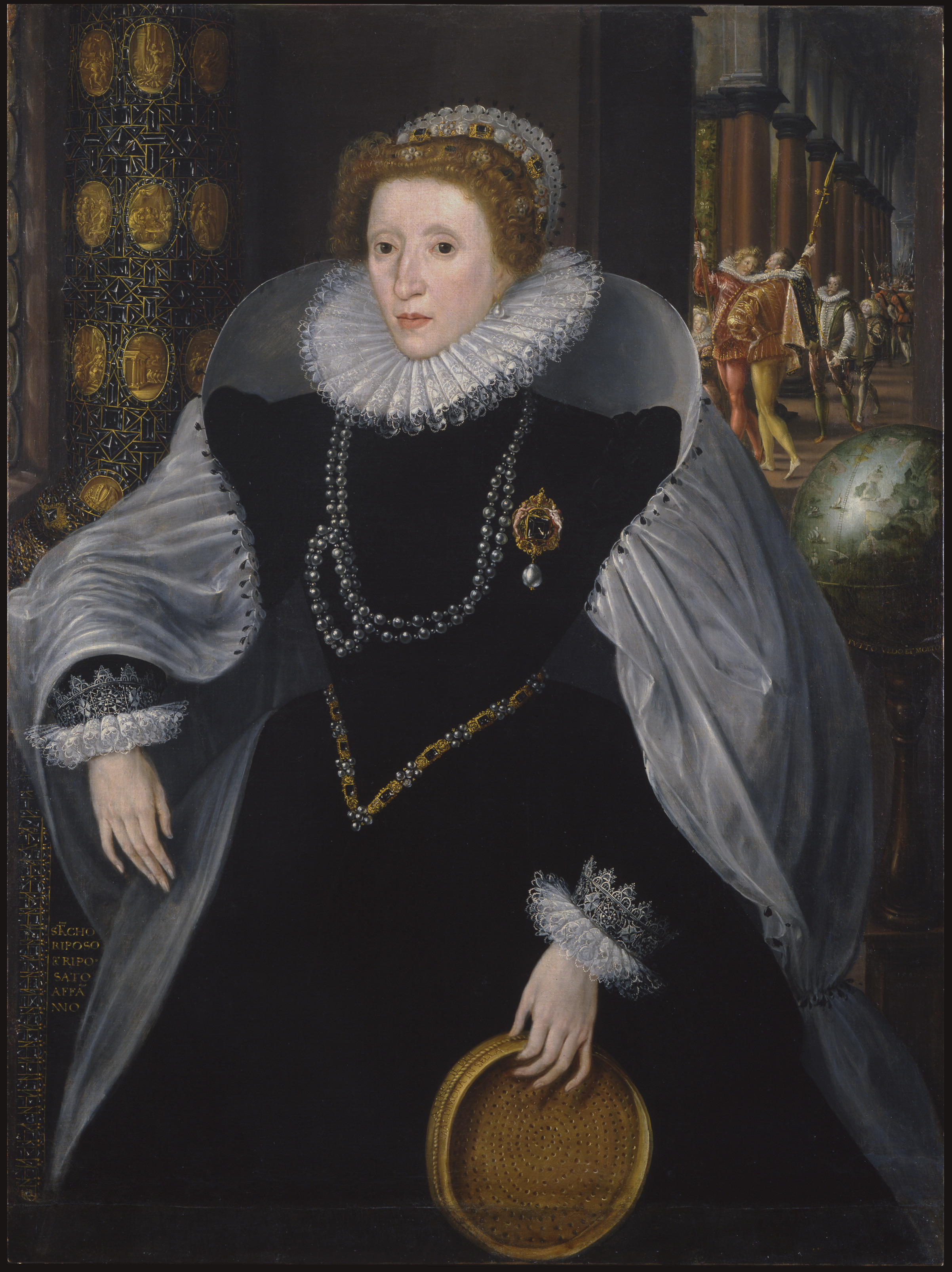 Quentin Metsys the Younger (Netherlandish, 1543–1589), ‘Elizabeth I of England (The Sieve Portrait),’ 1583. Oil on canvas, 49 by 36in. (124.5 by 91.5cm). Pinacoteca Nazionale di Siena. By permission of the Ministry of Cultural Heritage and Activities, Museum Complex of Tuscany (Polo Museale della Toscana) Photo Archive of the National Gallery of Siena (Pinacoteca Nazionale di Siena) 