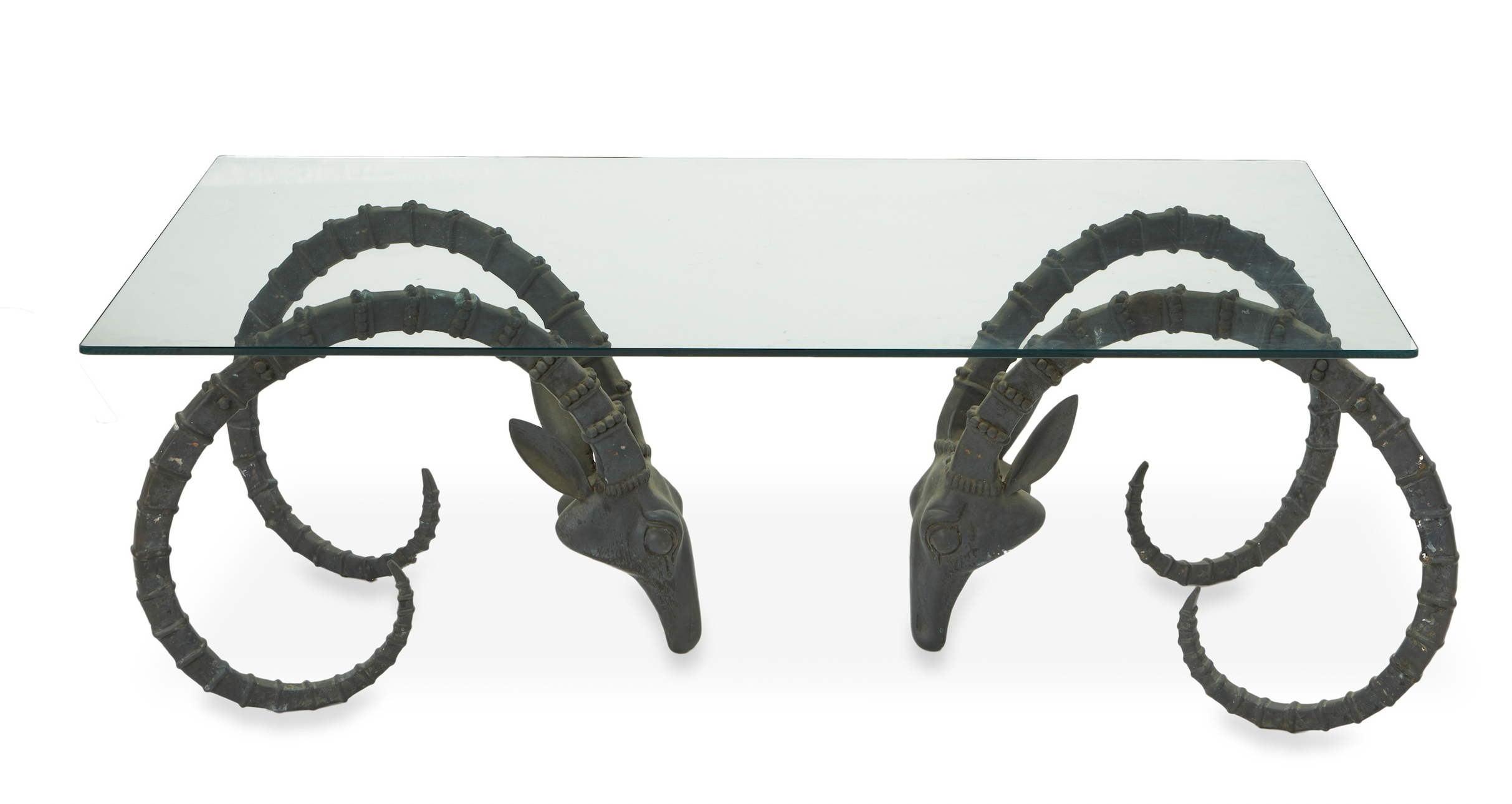 Bronze ibex head coffee table, attributed to Alain Chervet, $4,063