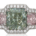 Fancy Intense green three-carat diamond flanked by a Fancy purplish pink 0.45-carat diamond and a Fancy pink 0.41-carat diamond in a platinum ring setting, est. $450,000-$550,000. Image courtesy of Christie’s Images Ltd. 2022