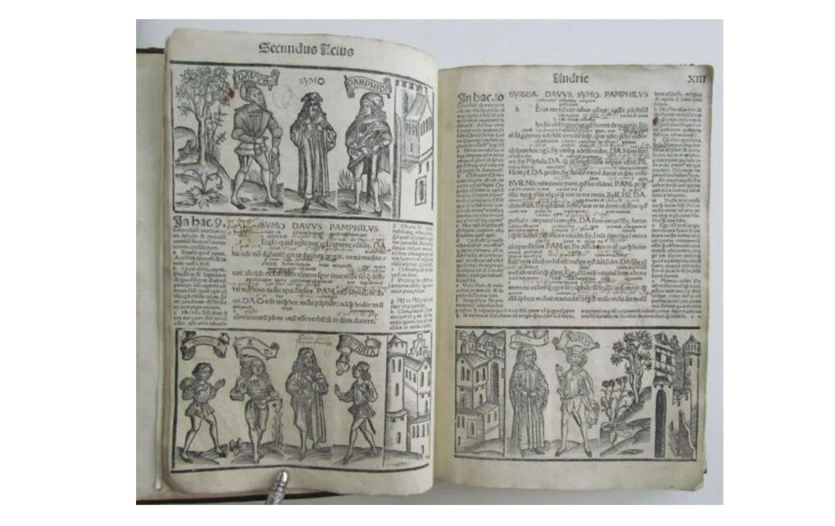  Pages from a 1499 illustrated volume of comedic plays by Terence, est. $12,000-$14,000