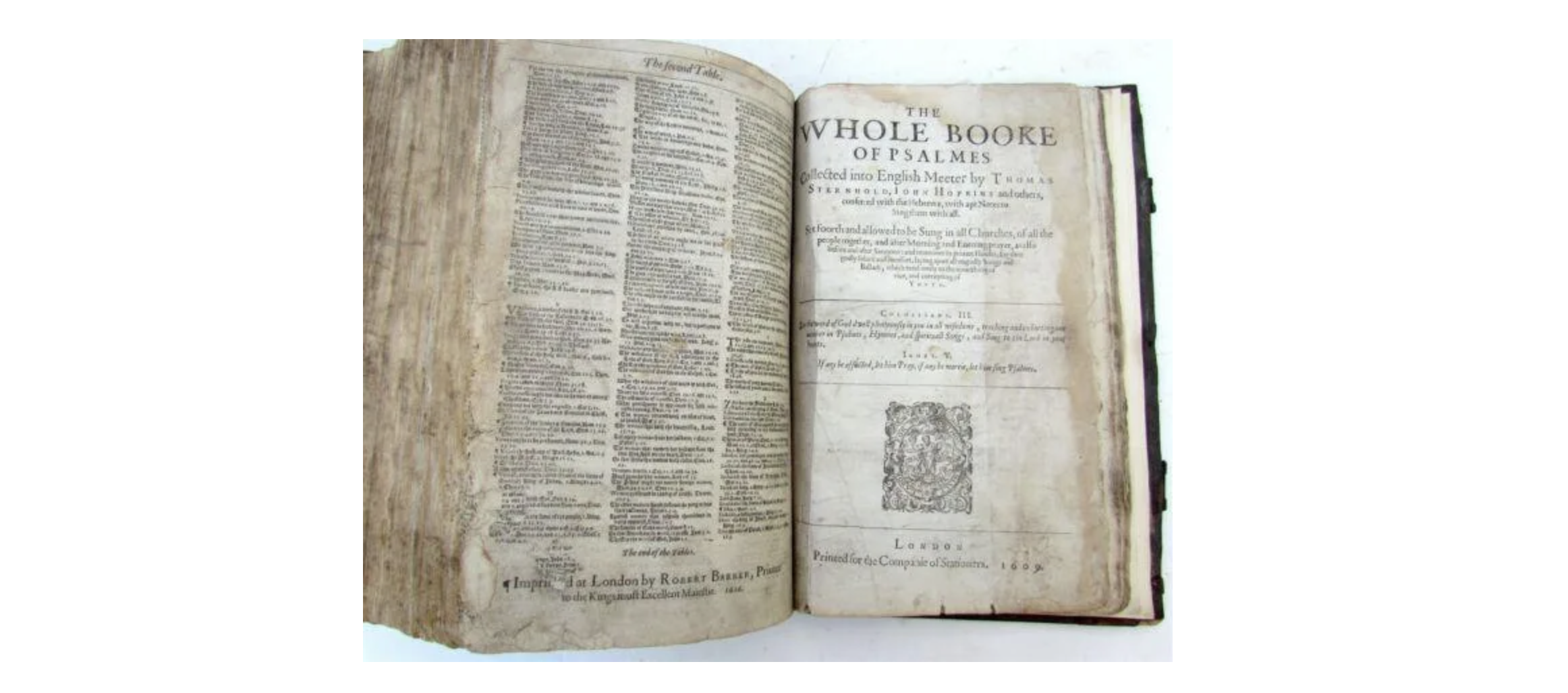 1609 copy of The Whole Booke of Psalms, bound into a 1616 copy of the Geneva version of the Bible, together est. $3,500-$4,000