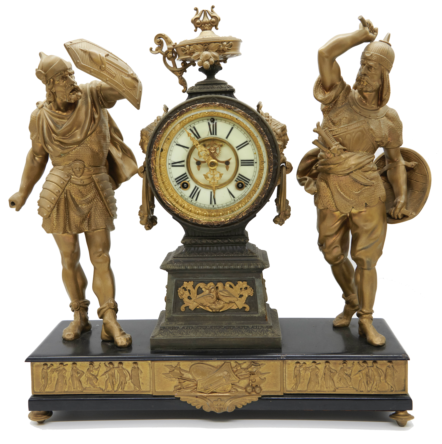 Ansonia chiming figural mantel clock, $768