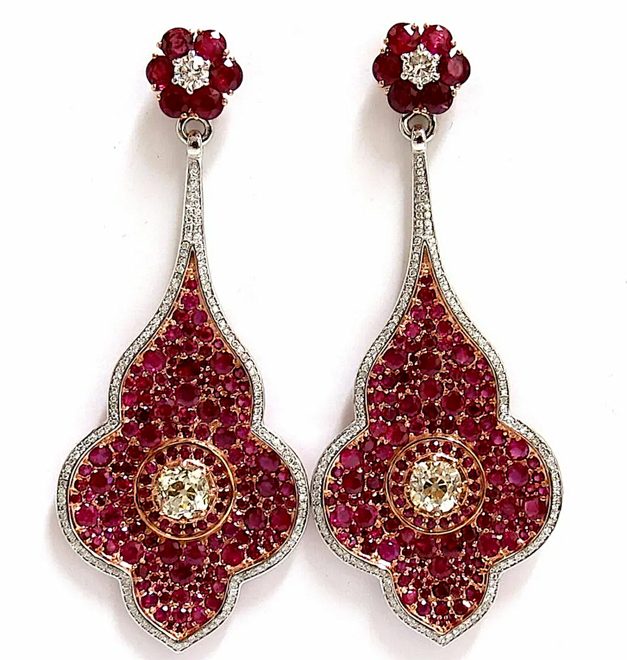  18K white gold, natural ruby and diamond dangle earrings, est. $42,000-$50,000