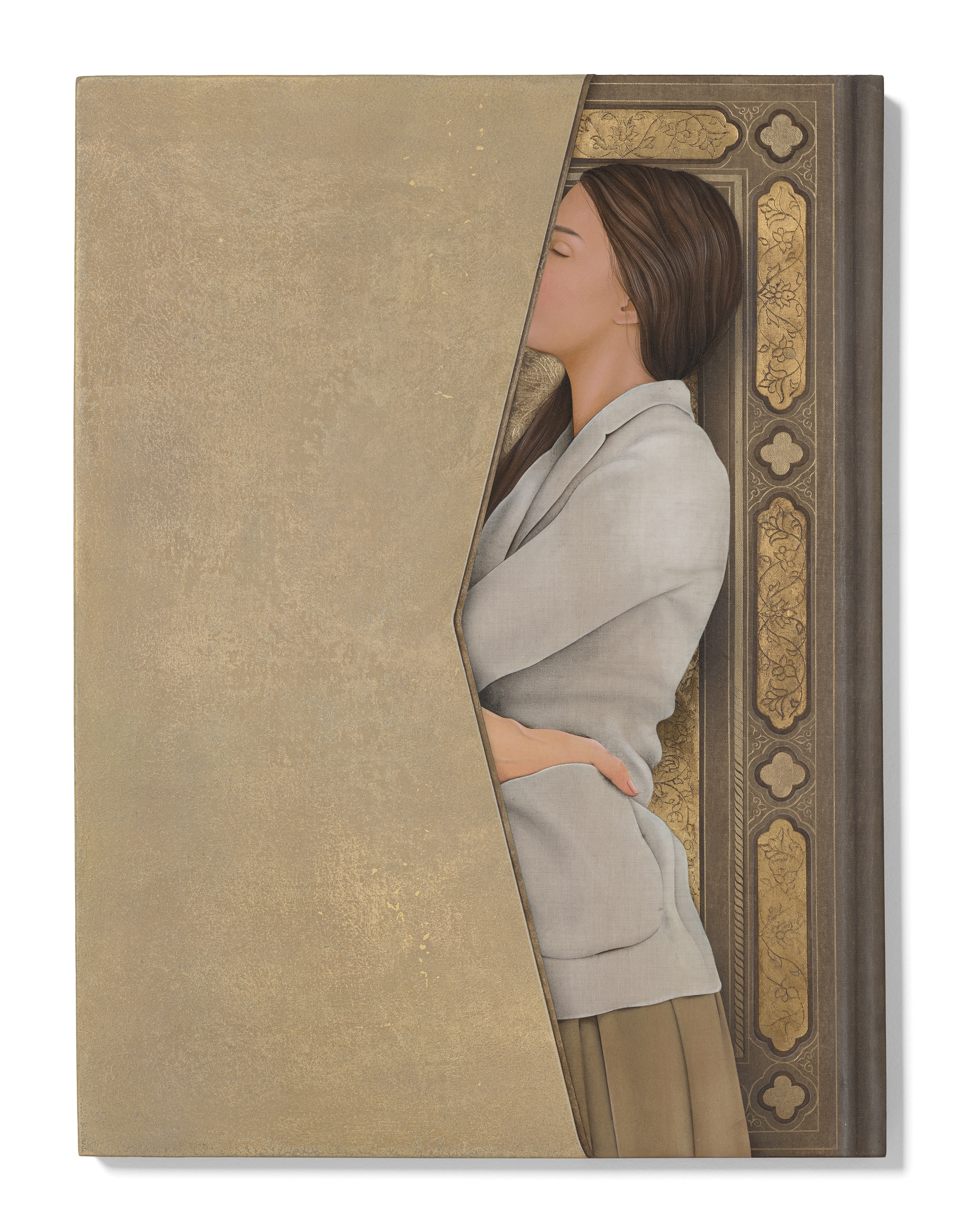 Arghavan Khosravi, ‘The Book,’ 2019. Acrylic on linen canvas over wood panel, gold leaf, 24 by 18 by 1.5in. Courtesy of the artist, © Arghavan Khosravi, 2022, photo: Julia Featheringill 