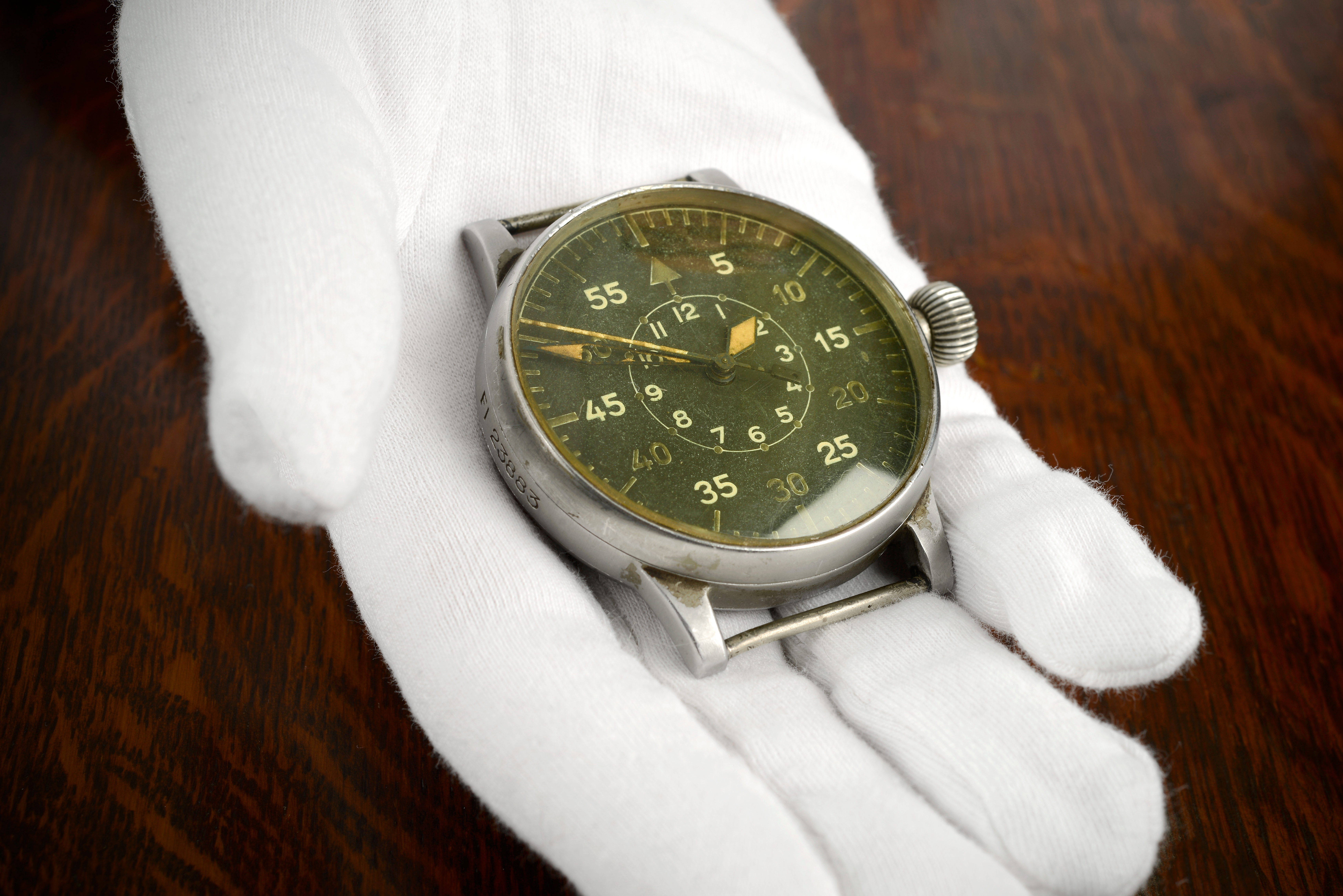 Circa-1942 A. Lange & Sohne German military issue pilot watch head, est. £7,000-£10,000. Image courtesy of Fellows