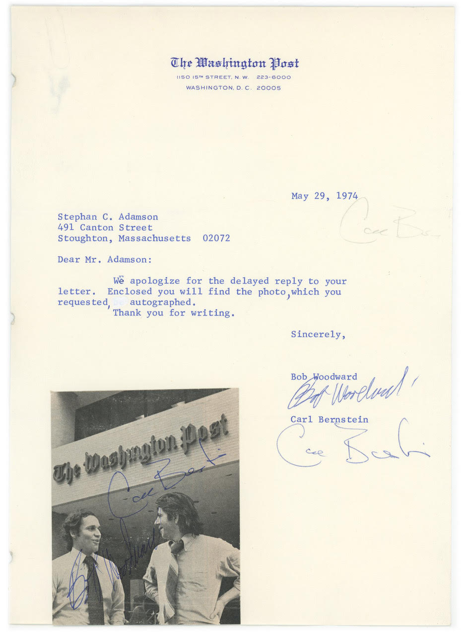 Typed letter on Washington Post letterhead, dated May 29, 1974 and signed by Bob Woodward and Carl Bernstein, est. $150-$200
