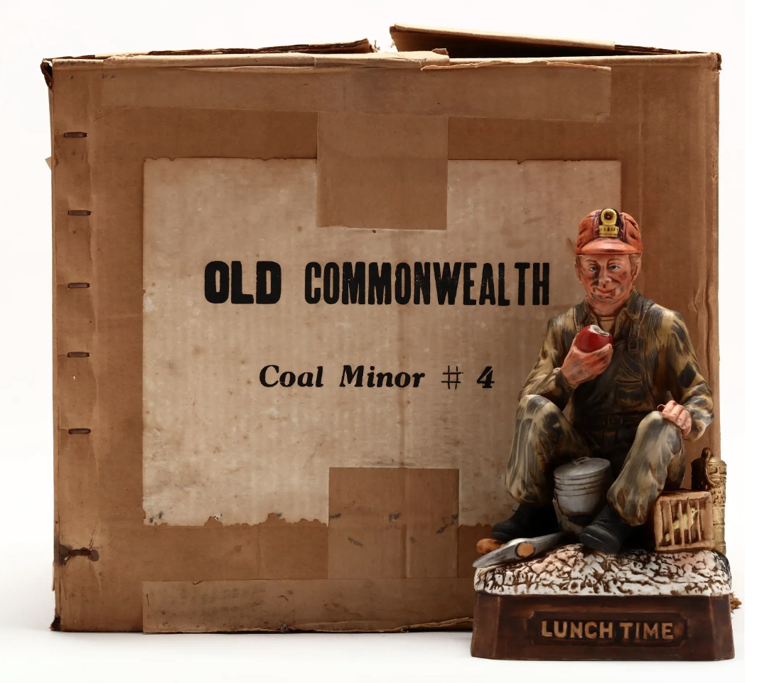 Five bottles of Old Commonwealth bourbon whiskey sealed in Coal Miner porcelain decanters made $5,600 plus the buyer’s premium in September 2021. Image courtesy of Leland Little Auctions and LiveAuctioneers.