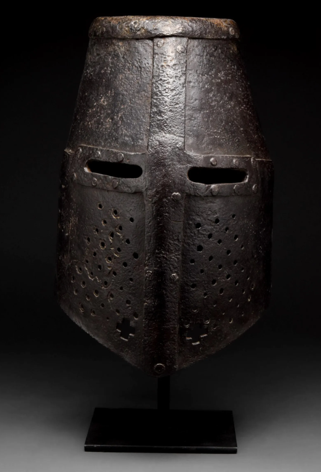 This very well-preserved medieval crusader’s helmet has the hand forgery techniques of the period as well as two cut-out crosses and visor holes indicating its 13th-century origins, confirmed by X-ray fluorescence and metallurgical tests. It brought $101,720 plus the buyer’s premium at Apollo Art Auctions in July 2022.