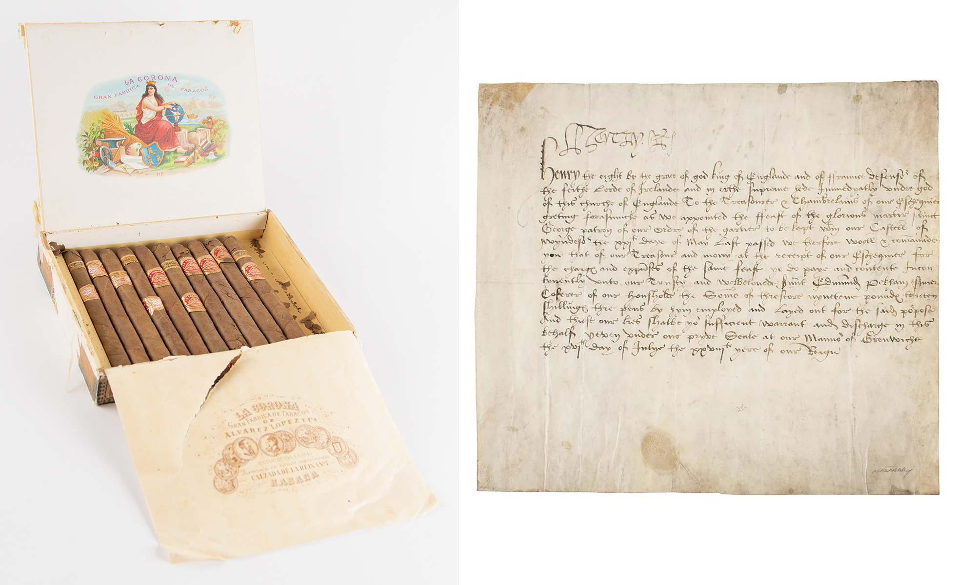 Left, box of 10 of Winston Churchill’s personal La Corona cigars, $19,159; Right, a 1536 document signed by King Henry VIII, $66,425