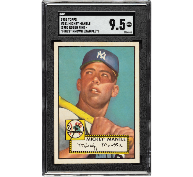 This 1952 Topps Mickey Mantle rookie card, graded Mint + 9.5, sold for $12.6 million and a new world auction record for any collectible sports card on Sunday, August 28. Image courtesy of Heritage Auctions