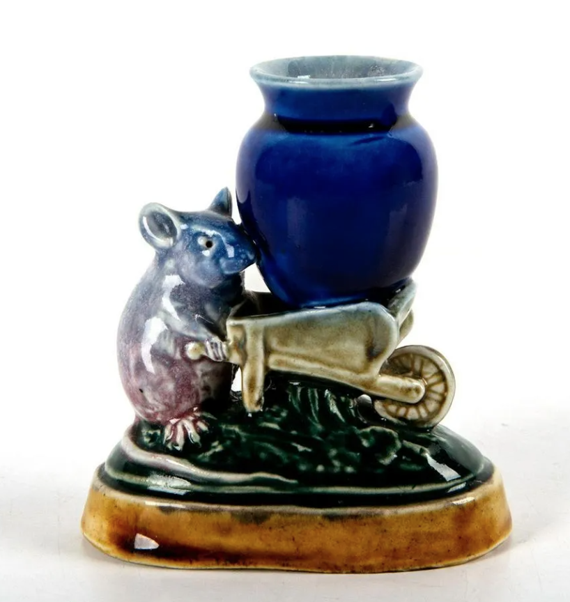 A Doulton Lambeth mouse stoneware tableau by George Tinworth, featuring a mouse pushing a vase-laden wheelbarrow, brought $8,250 plus the buyer’s premium in February 2022. Image courtesy of Lion and Unicorn and LiveAuctioneers.