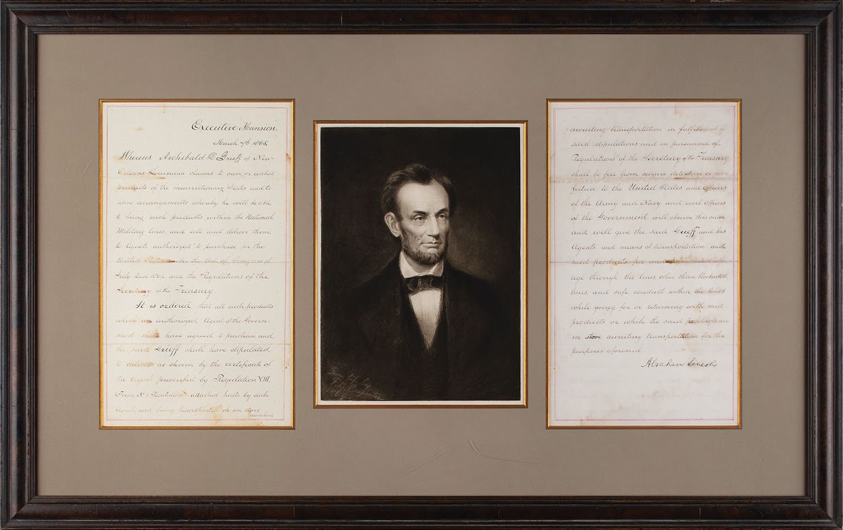 1865 two-page document signed by President Lincoln, relating to rebuilding the North-South economy, est. $40,000-$60,000