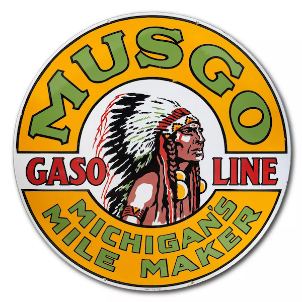 Circa-1920s double-sided porcelain Musgo Gasoline sign, $1.5 million. Image courtesy of Richmond Auctions and LiveAuctioneers