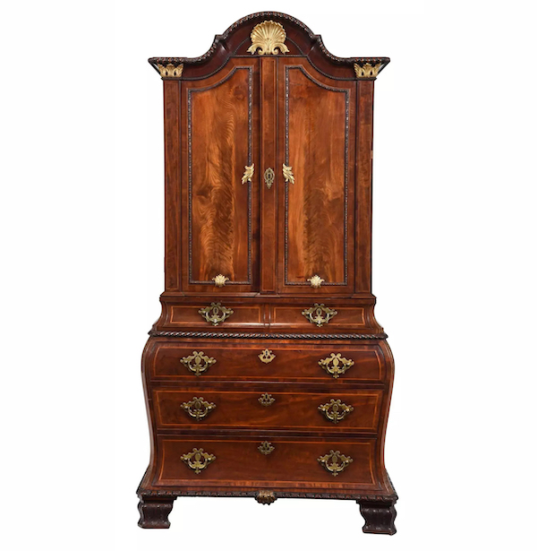 Circa-1745 George II mahogany bureau cabinet, estimated at $50,000-$70,000. Image courtesy of Brunk Auctions and LiveAuctioneers