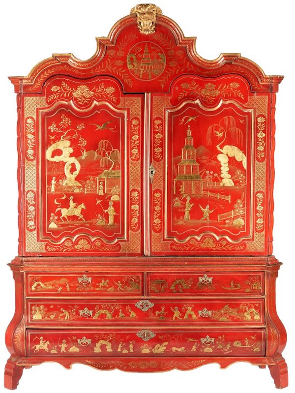 Antique red chinoiserie-decorated Dutch linen press with an old Antwerp label, from the estate of Pia Stratton, estimated at $1,000-$1,200