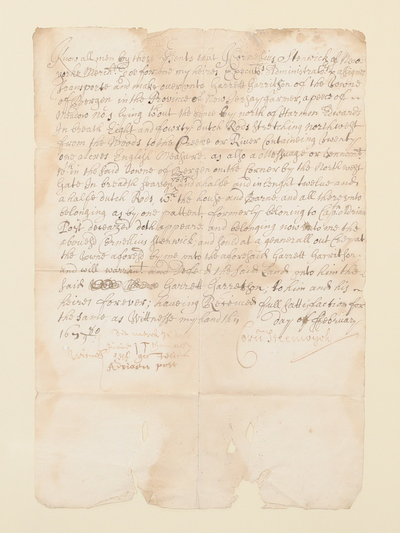  Late 17th-century land sale document signed by Cornelius Steenwyk, fourth mayor of New York City, estimated at $2,000-$3,000